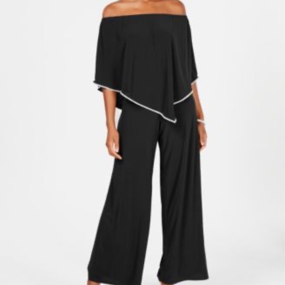MSK Black Off-Shoulder Jumpsuit with White Trim - Picture 2 of 13
